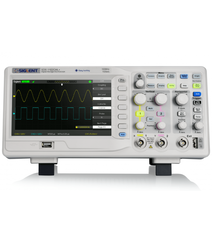 Vue de la face avant de l'oscilloscope siglent SDS1102CML+